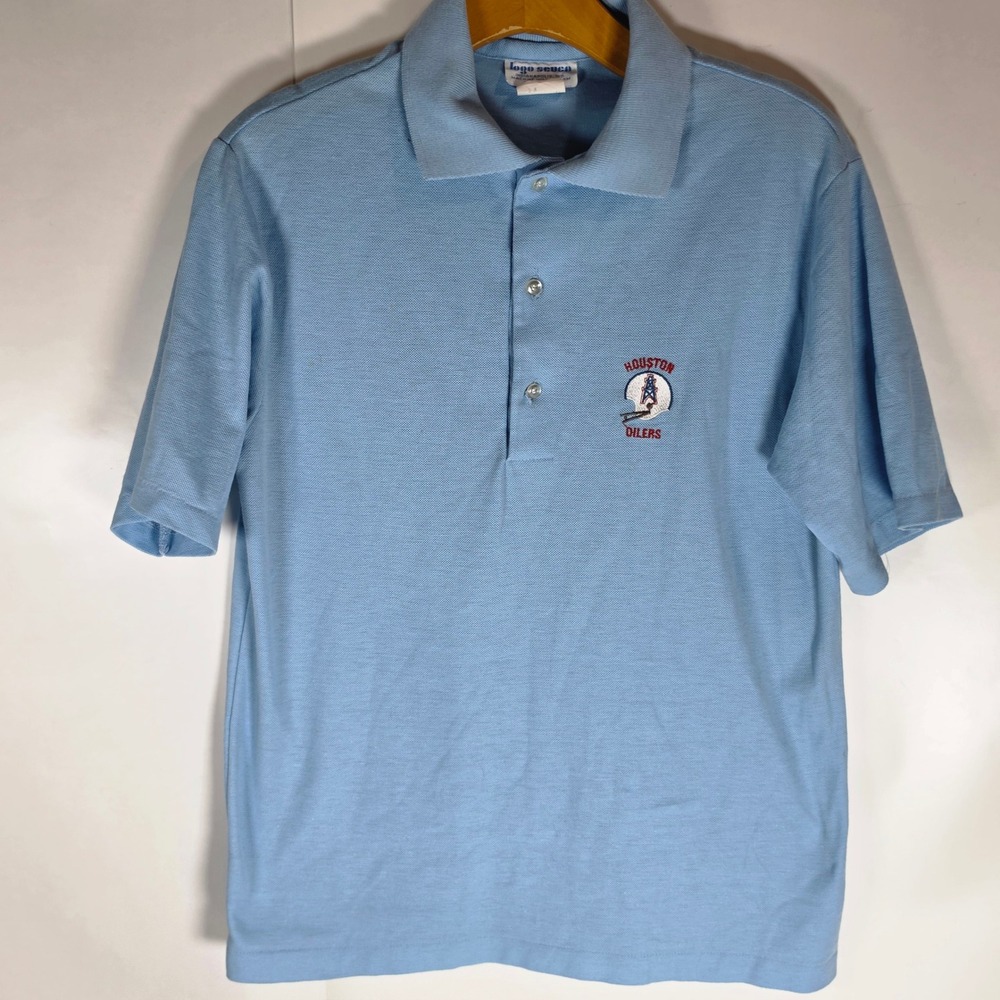 VTG 80s Houston Oilers Logo‎ 7 Polo Shirt Mens M Baby Luv Ya Blue NFL 50/50